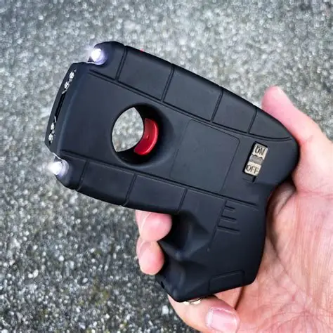 The Pro Series stun gun held in hand, showing the grip, LED lights and safety switch